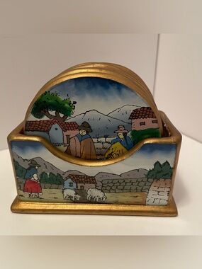 Peruvian Reverse Painted Glass & Wood Coaster Set Everyday Villiage Scenes
